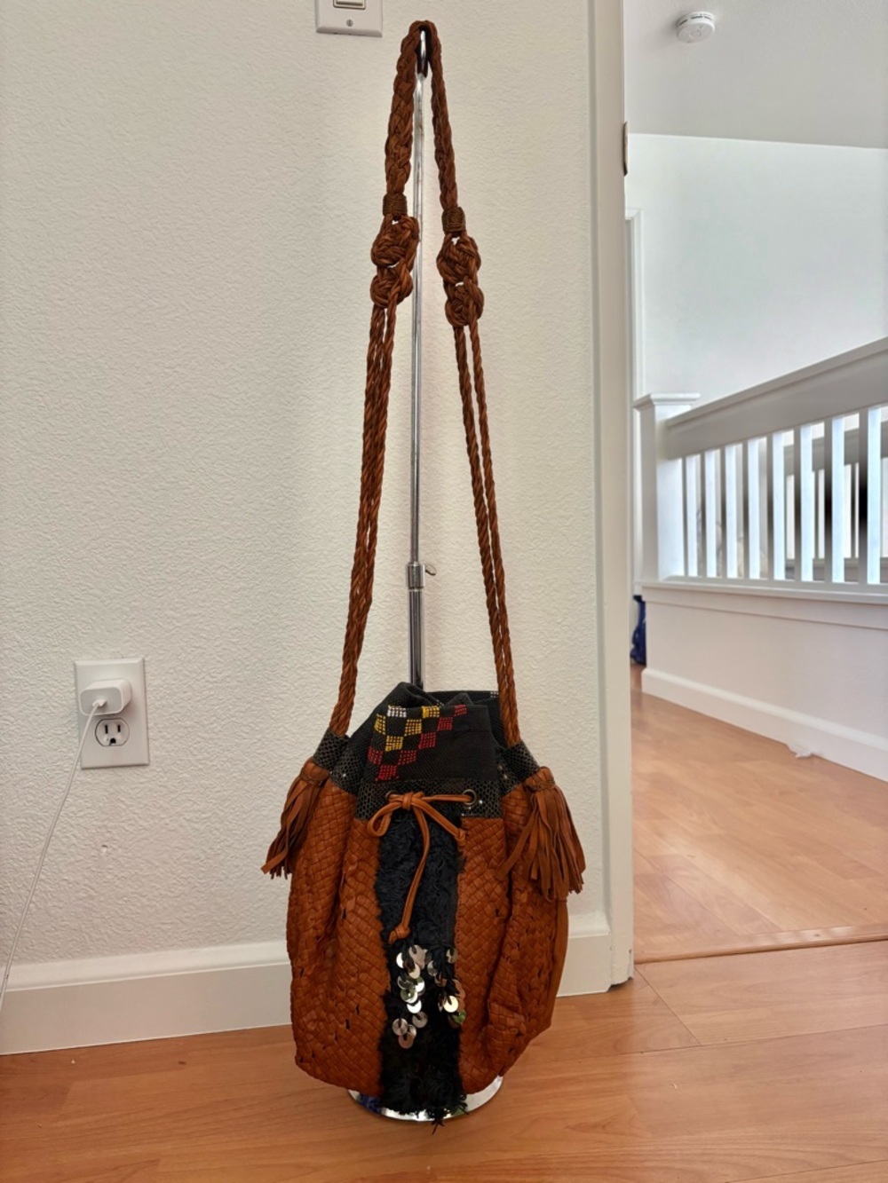 Handwoven Brown Boho Bucket Crossbody Bag with Tassels